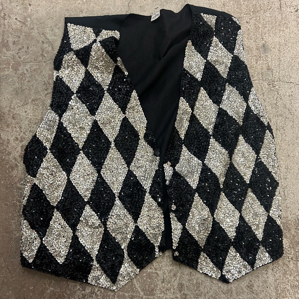 Vintage argyle sequin black and Silver Sequin Vest‎ maximalist holiday christmas